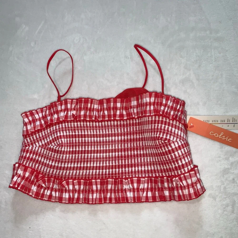 Colsie red‎ white plaid gingham check smocked bralette size medium new cotton